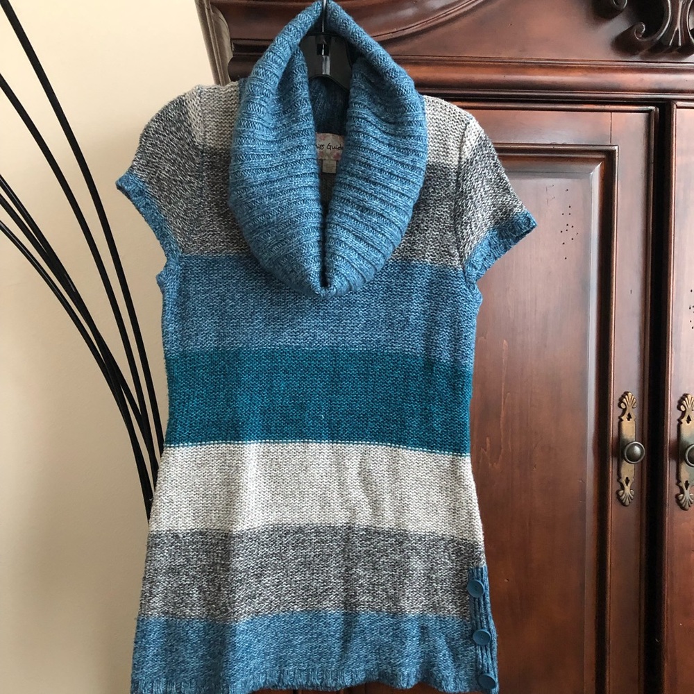 Cozy Striped Cowl Neck Sweater - Teal and Gray Size S